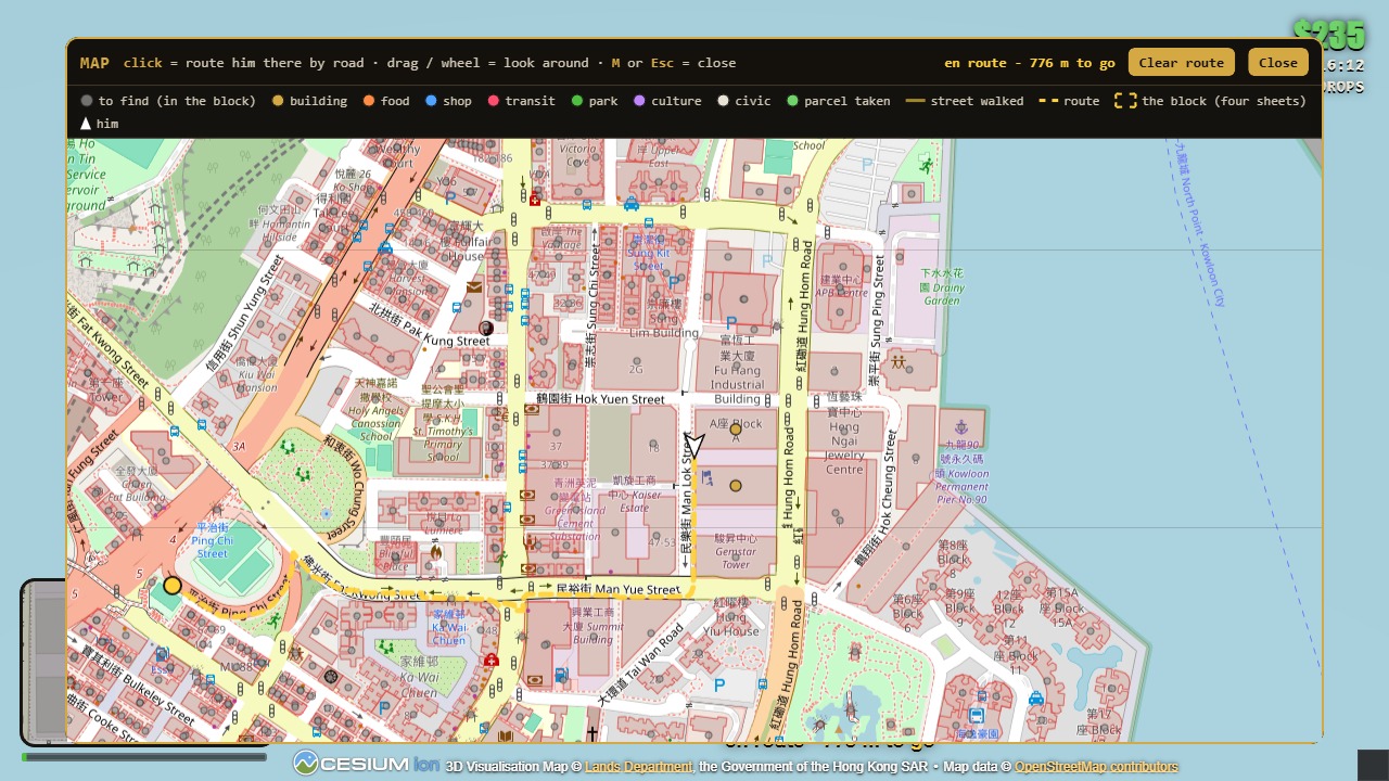 The map: click anywhere to be routed by road; the streets you have walked light up.